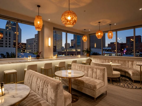 Elegant Uptown Dallas rooftop bar at twilight with champagne velvet banquettes and skyline view