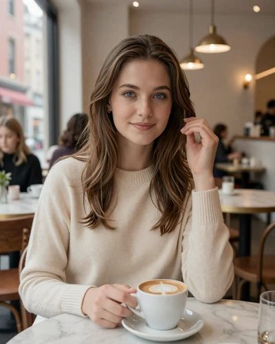 Sophia, verified LuxyMeet member from New York at a Manhattan cafe