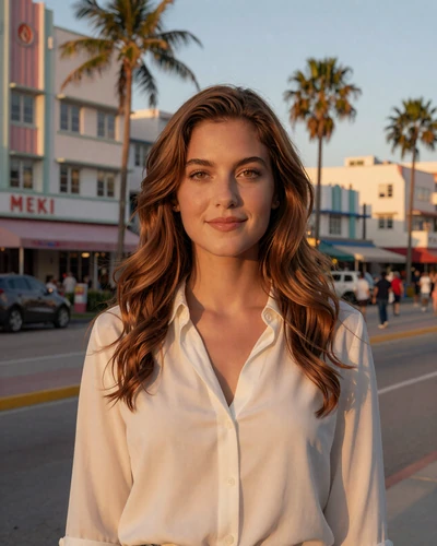 Isabella, verified LuxyMeet member in Miami on South Beach boardwalk at sunset