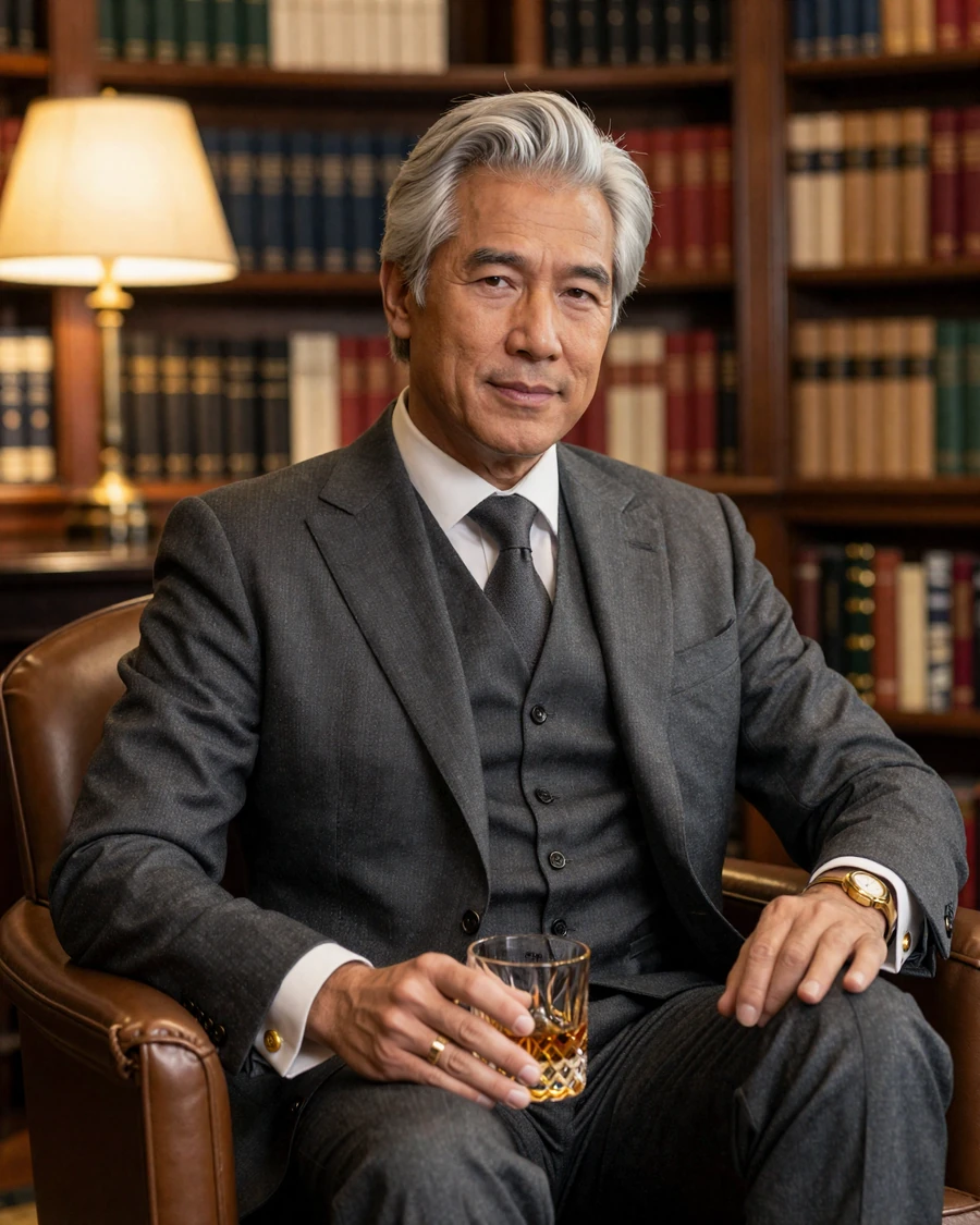 Distinguished verified LuxyMeet sugar daddy member in tailored charcoal suit at private club library, luxury sugar daddy dating site portrait