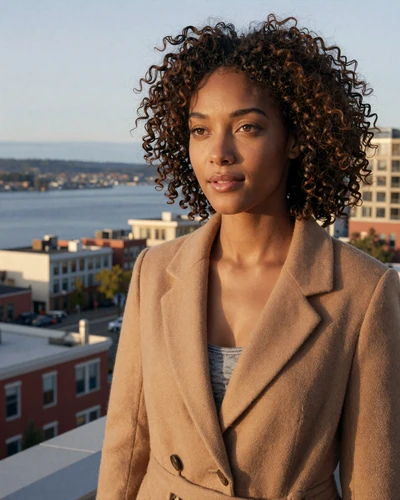 Naomi, verified LuxyMeet member on Belltown Seattle rooftop with Elliott Bay view
