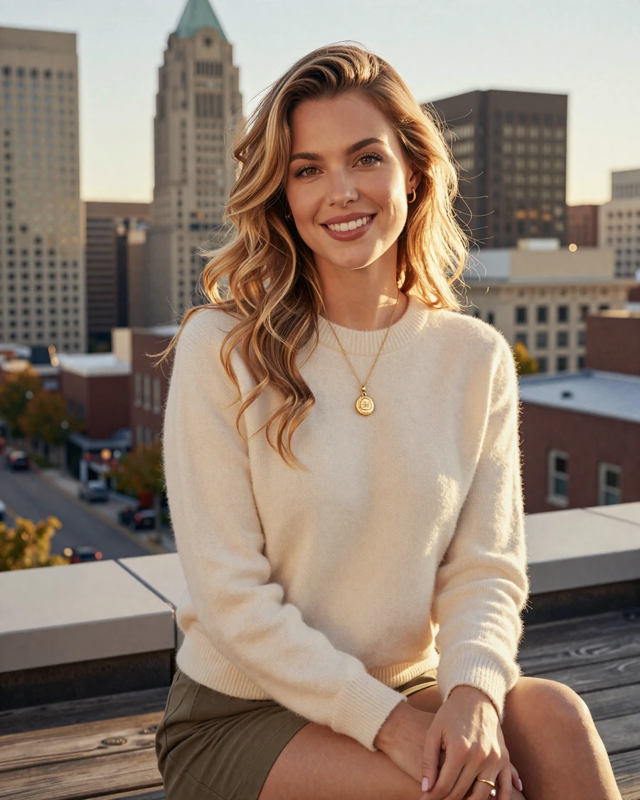 Olivia, verified LuxyMeet Columbus member on Arena District rooftop at golden hour, luxury sugar daddy Columbus dating