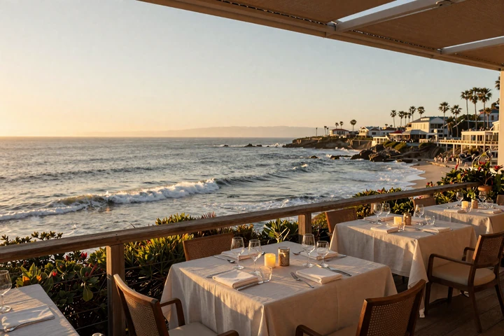 La Jolla Cove clifftop restaurant terrace at golden hour, premium sugar baby San Diego date location