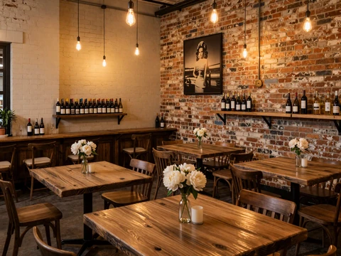Artful Bishop Arts Dallas wine bar with exposed brick and warm edison bulb lighting