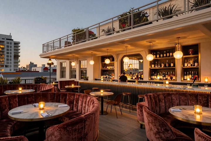 Gaslamp Quarter San Diego historic rooftop lounge at dusk, premium date venue