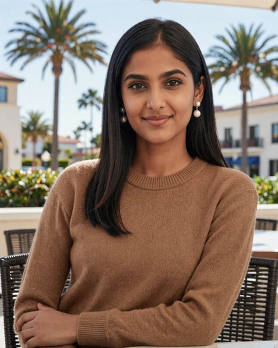 Anaya, verified LuxyMeet member, MBA candidate from Los Angeles at Beverly Hills hotel terrace