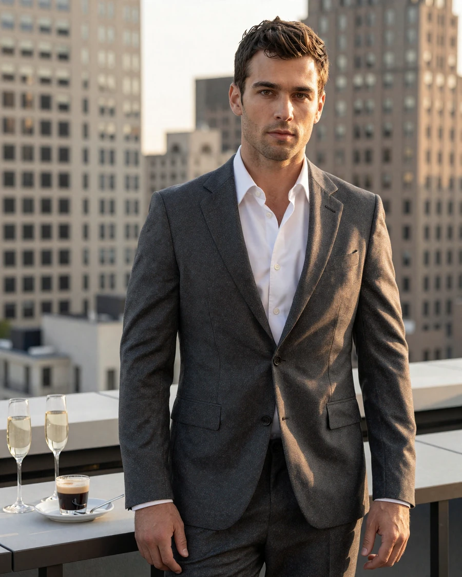 Lucas, verified LuxyMeet toy boy member in tailored charcoal suit on Manhattan rooftop, premium toy boy dating site editorial portrait