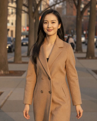 Mei, verified LuxyMeet member walking a Lincoln Park Chicago street at golden hour