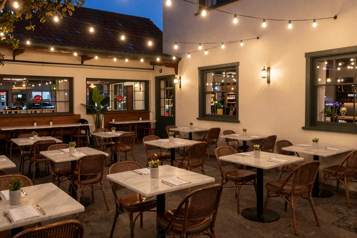 Little Italy San Diego outdoor trattoria at evening, refined dating venue