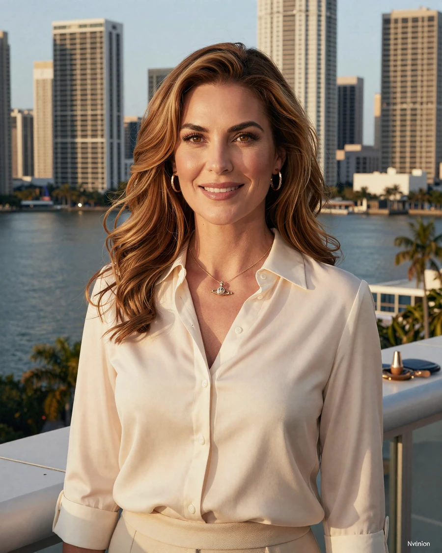 Vivienne, verified LuxyMeet cougar member on Brickell Miami rooftop at golden hour, luxury cougar dating Miami