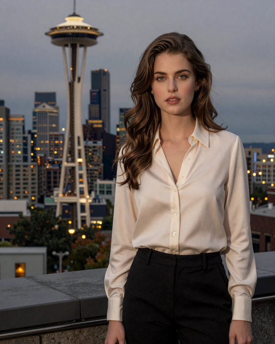 Sienna, verified LuxyMeet sugar baby member on Capitol Hill Seattle rooftop at twilight