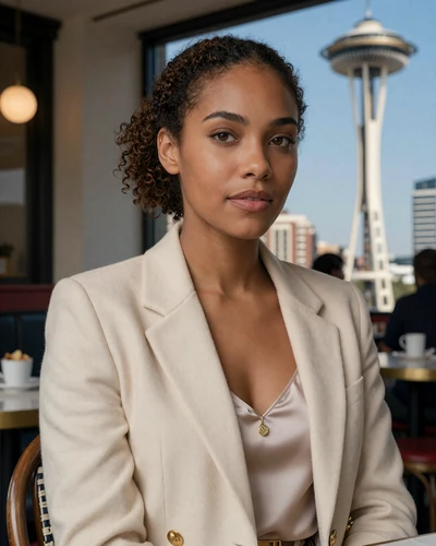 Camille, verified LuxyMeet Seattle member at Queen Anne cafe with Space Needle view