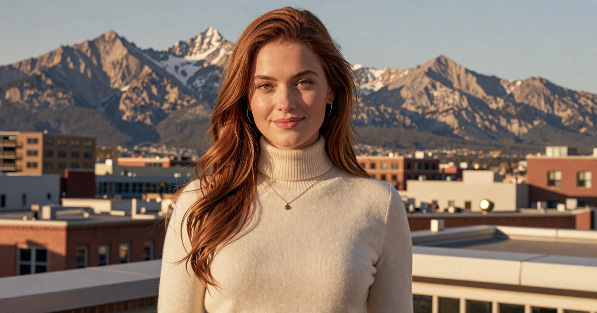 Sienna, verified LuxyMeet member on Denver LoDo rooftop with Rocky Mountains backdrop, sugar baby Denver lifestyle