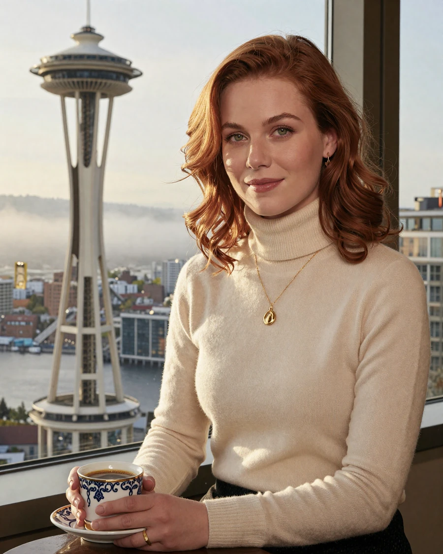 Eloise, verified LuxyMeet Seattle member by Space Needle window at golden hour, luxury sugar daddy dating Seattle