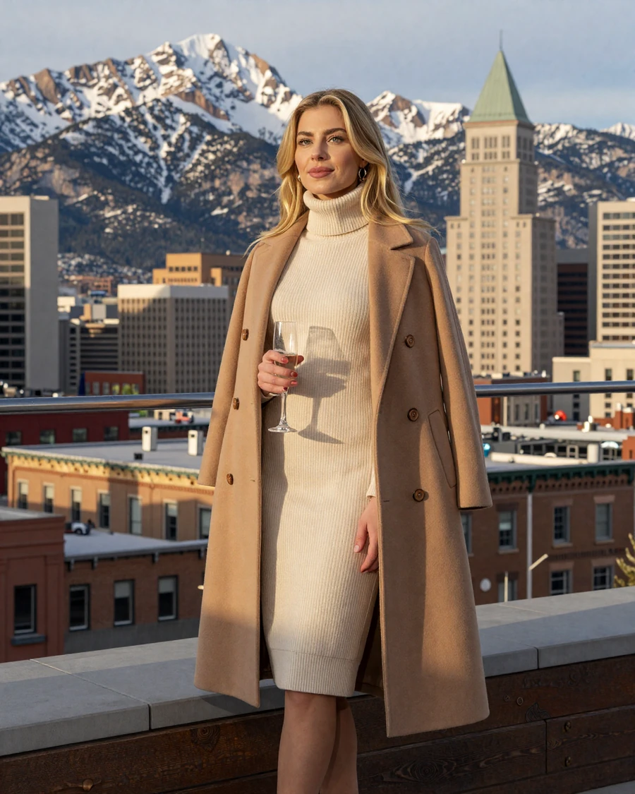 Aspen, verified LuxyMeet member on Denver LoDo rooftop with Rocky Mountains behind, luxury sugar daddy dating Denver